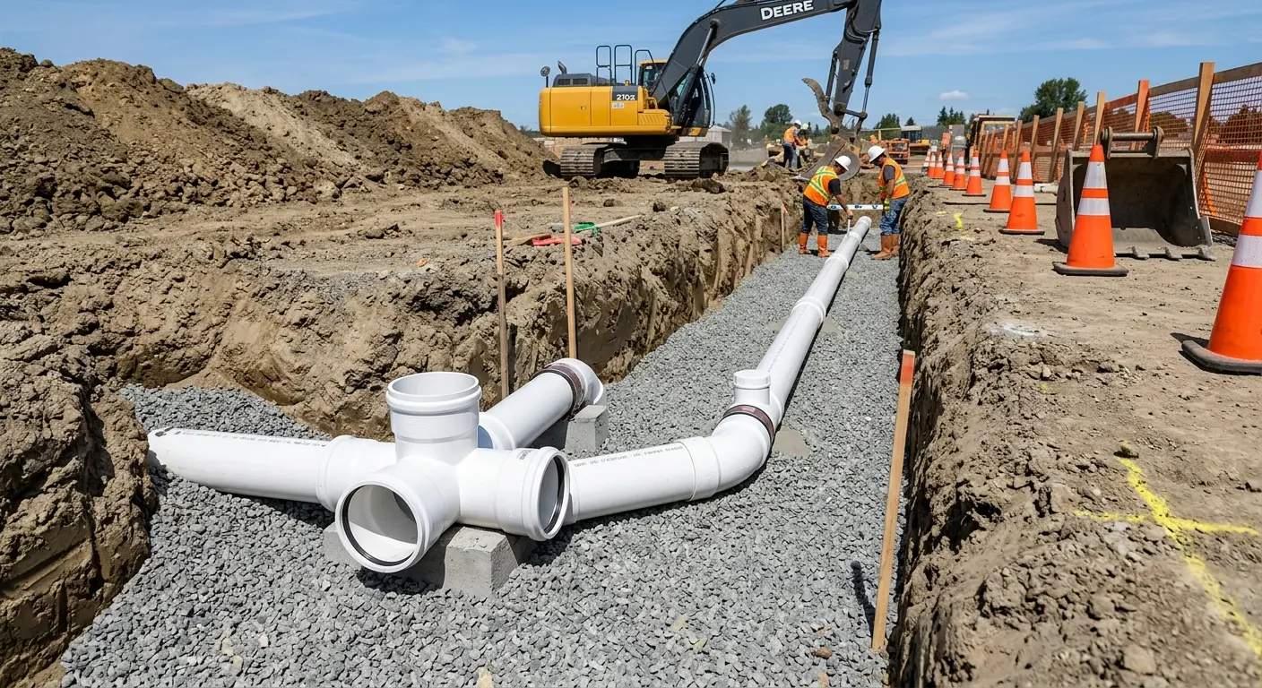 New PVC sewer pipe installation in open trench for Sewer Backup in Hooksett