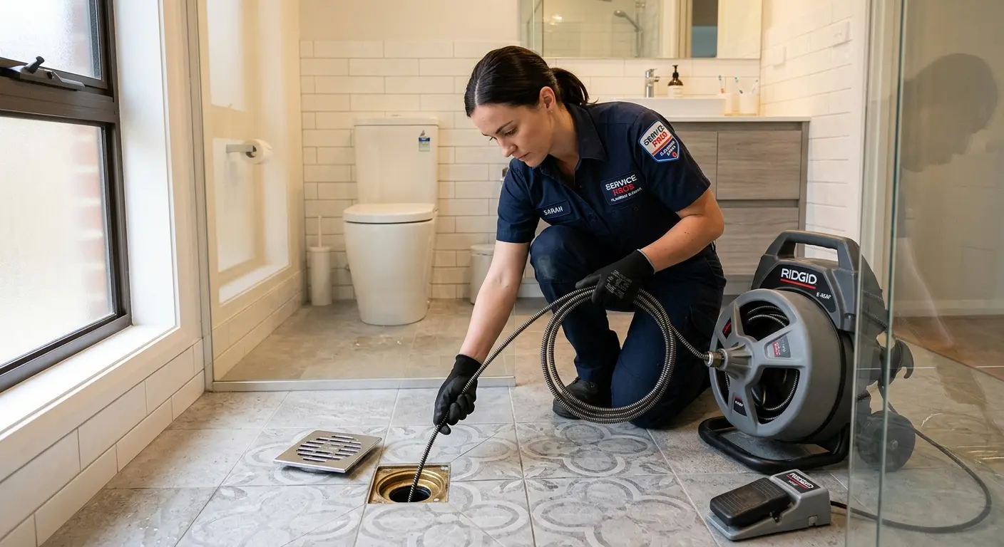 Technician clearing a bathroom floor drain for Drain Repair in Hooksett